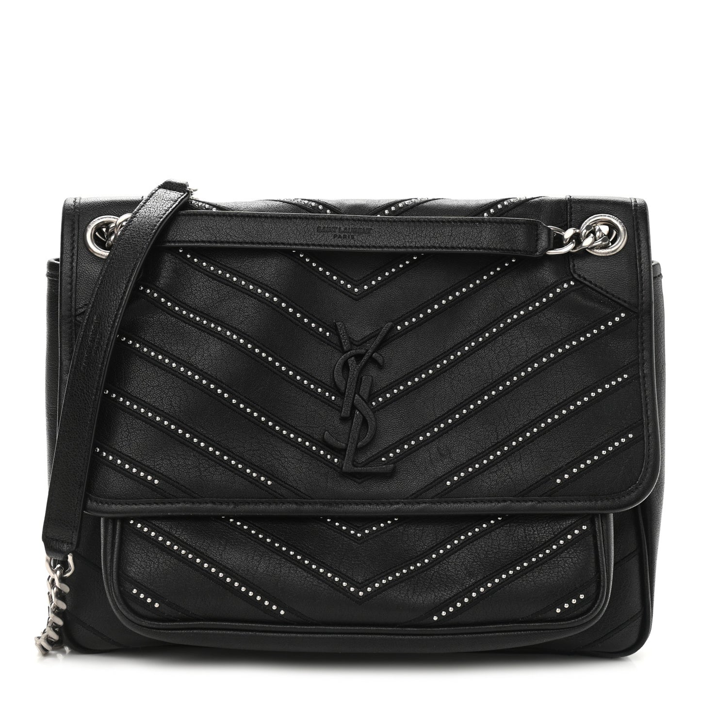 Calfskin Matelasse Monogram Microstud Medium Niki Chain Satchel Black