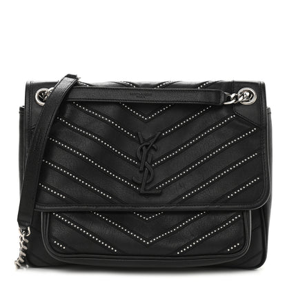 Saint Laurent Calfskin Matelasse Monogram Microstud Medium Niki Chain Satchel Black 1 of 11