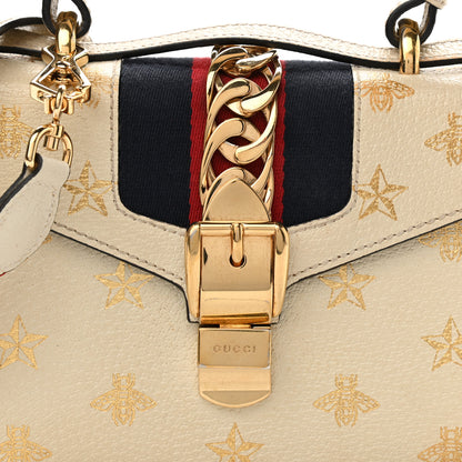 Gucci Textured Calfskin Bee Star Print Mini Sylvie Top Handle Bag Mystic White 8 of 14