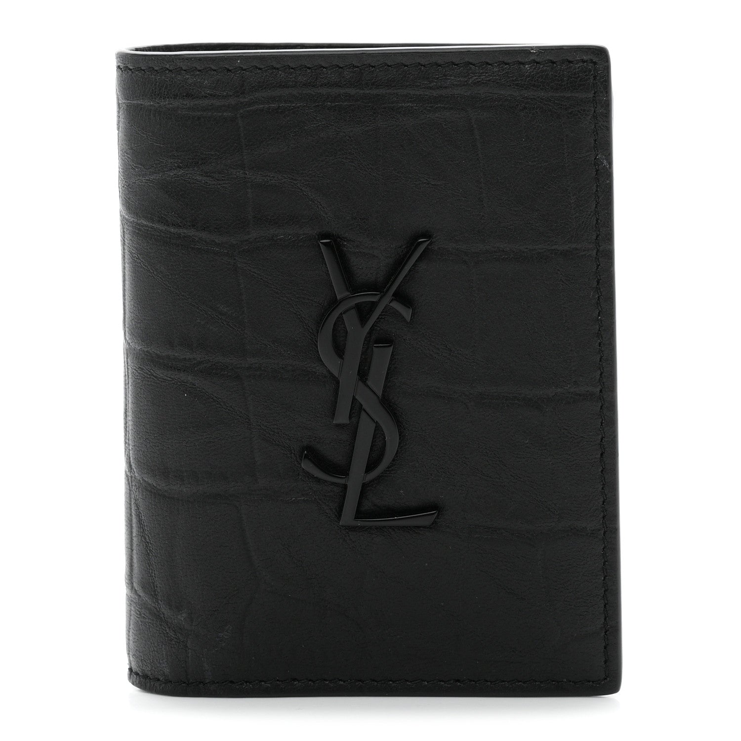 Saint Laurent Crocodile Embossed Calfskin Cassandre Credit Card Wallet Black 1 of 7