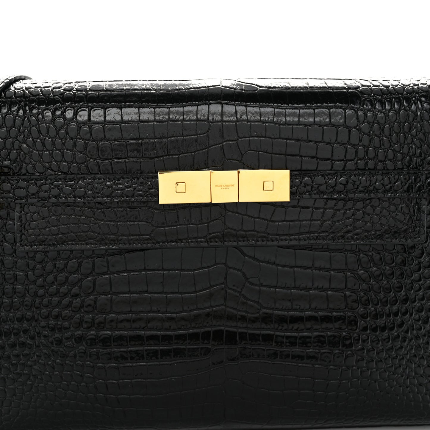Shiny Calfskin Crocodile Embossed Manhattan Baguette Black