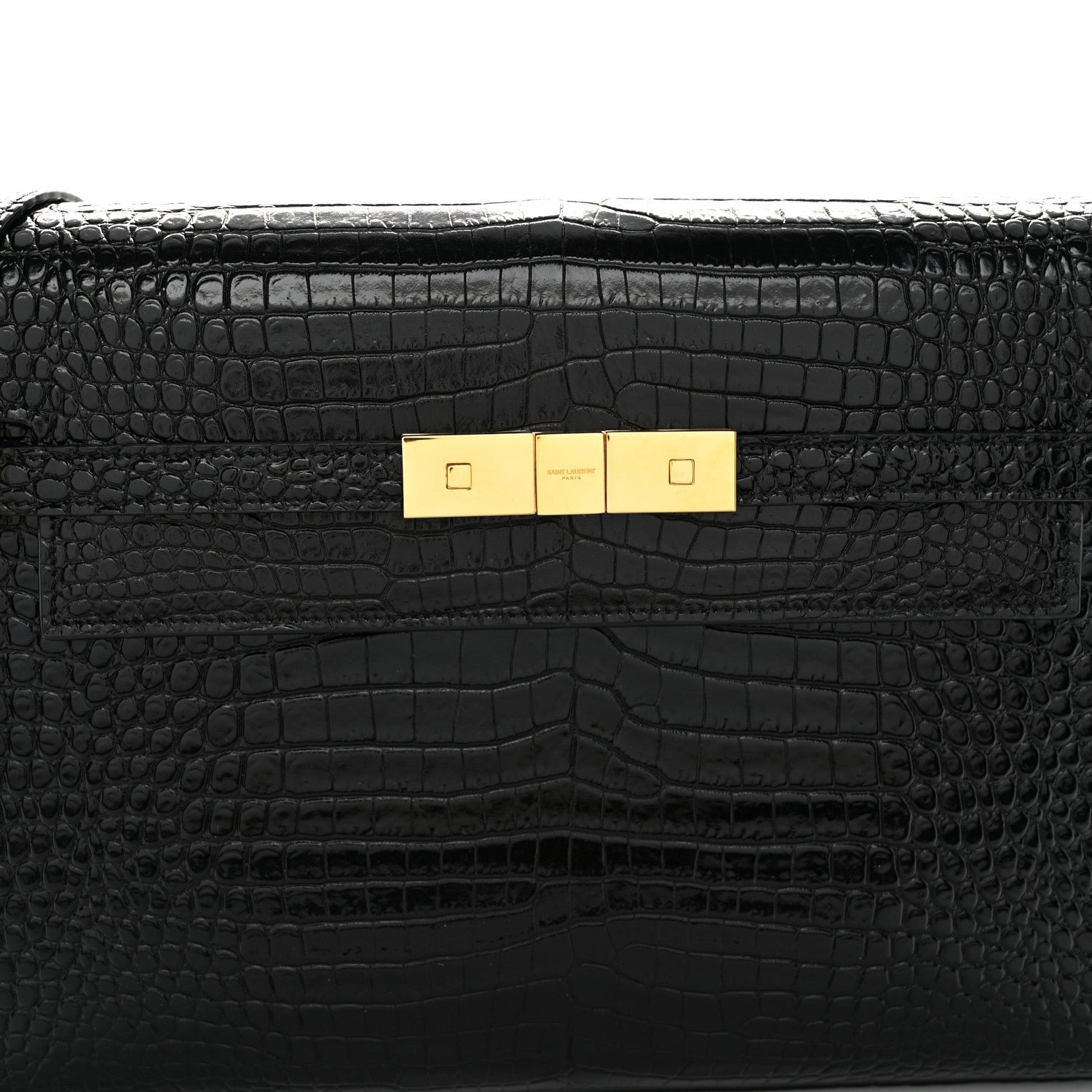 Saint Laurent Shiny Calfskin Crocodile Embossed Manhattan Baguette Black 7 of 10