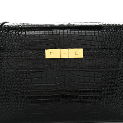 Saint Laurent Shiny Calfskin Crocodile Embossed Manhattan Baguette Black 7 of 10