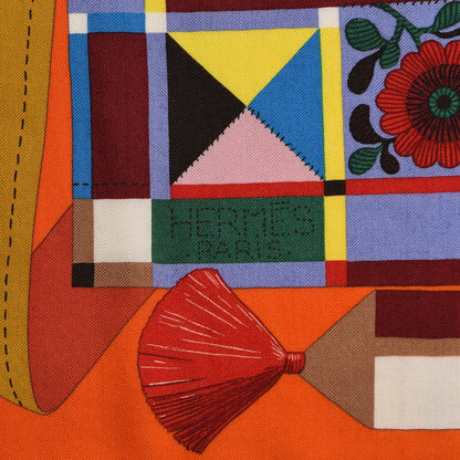 Hermes Cashmere Silk L'Art du Bojagi Shawl 140 Orange Vert Jaune 4 of 6