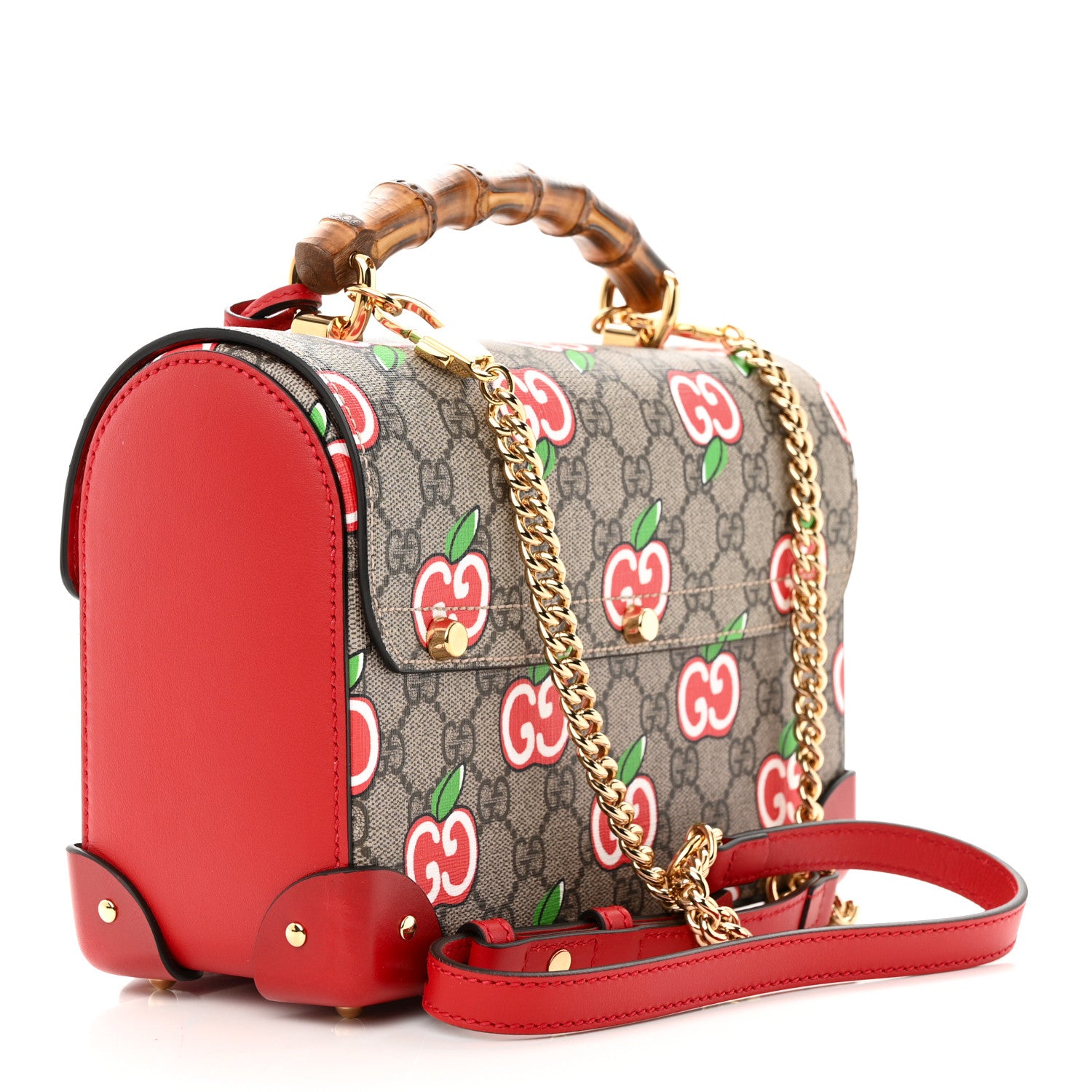 Gucci GG Supreme Monogram Apple Small Padlock Bamboo Shoulder Bag Beige Multicolor Lobster Red 3 of 9