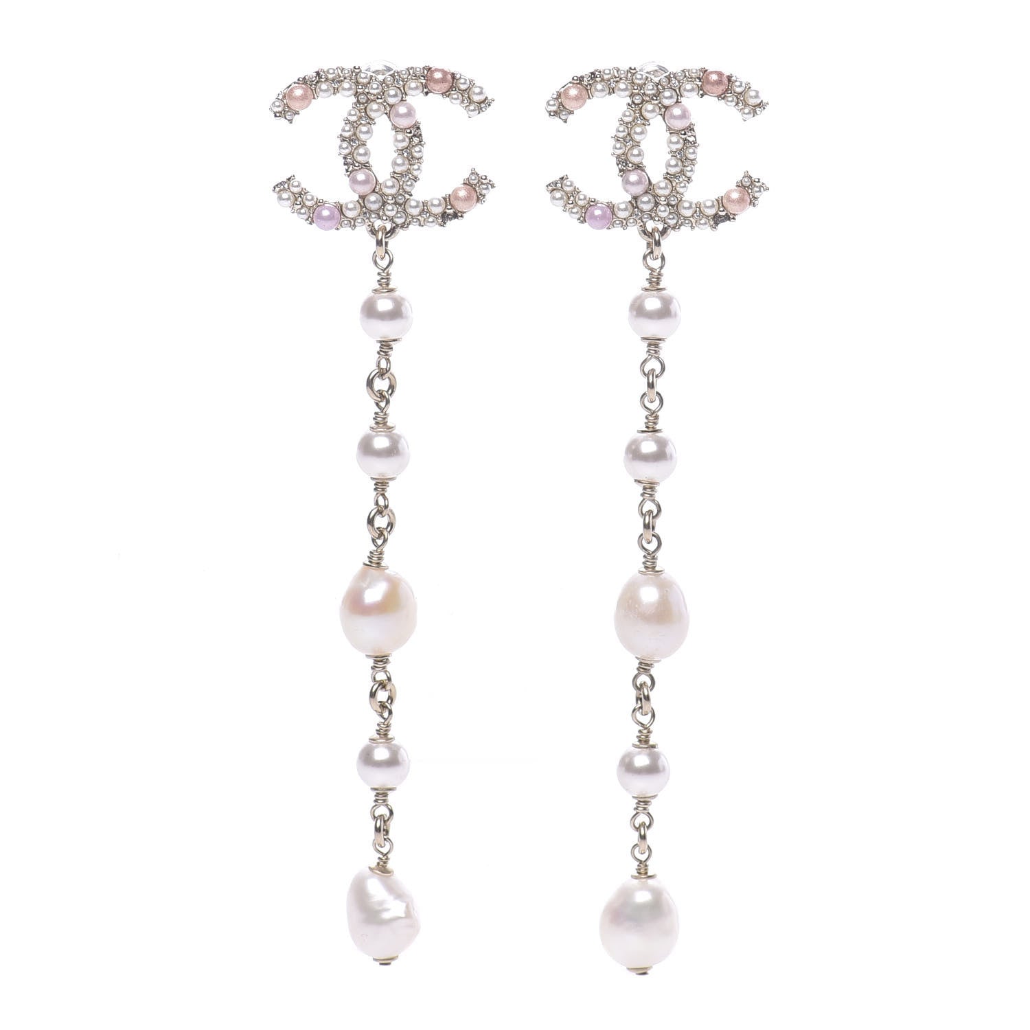 Chanel Pearl Crystal CC Charms Dangle Earrings Light Gold Pink 1 of 5