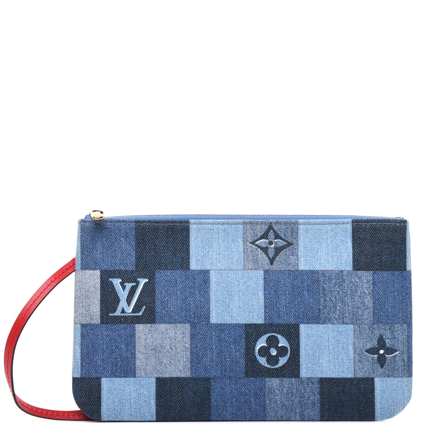 Denim Damier Monogram Patchwork Neverfull MM Pochette Blue Rouge