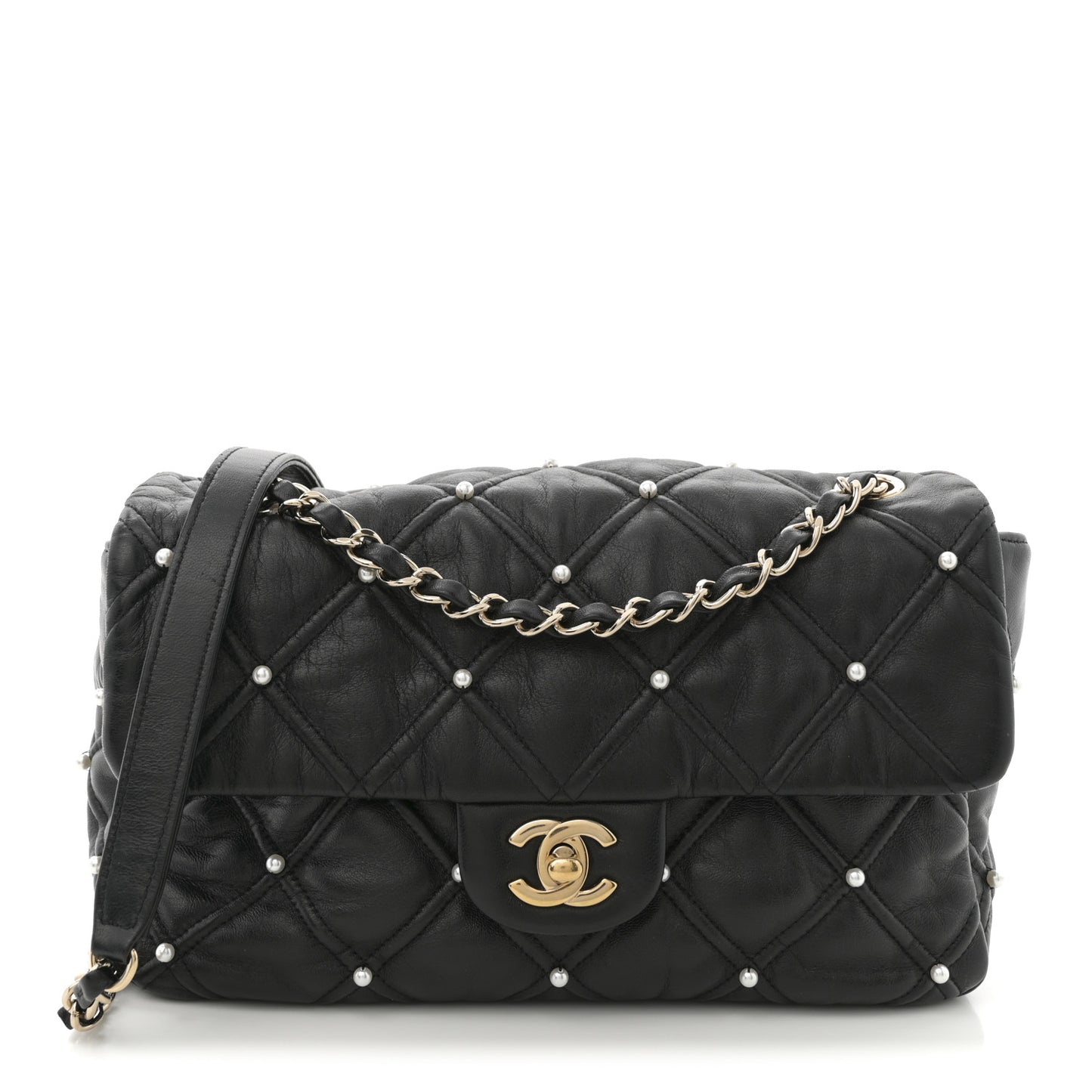 Lambskin Quilted Pearl Studded Flap Black