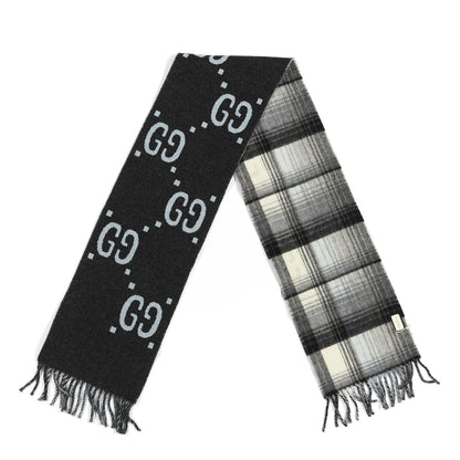 Gucci Wool GG Monogram Plaid Tartan Free Scarf Grey 2 of 3