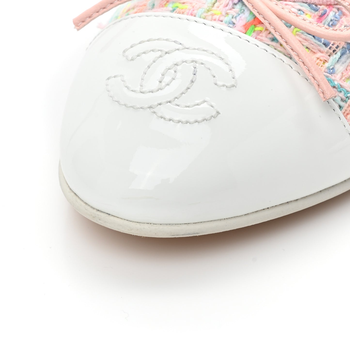 Tweed Patent Cap Toe Ballerina Flats 38 Pink White