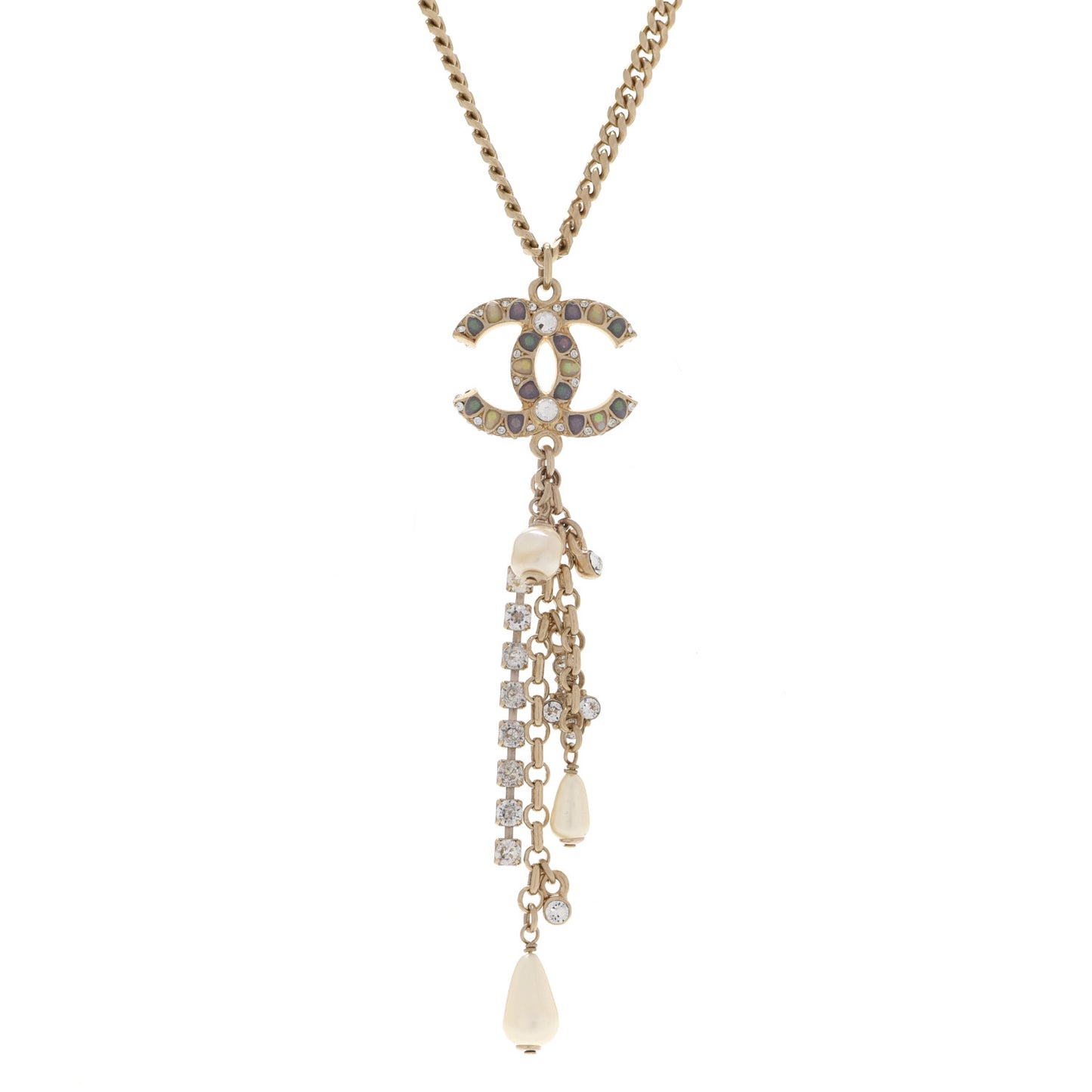 Pearl Crystal Chain CC Multi Strand Necklace Gold