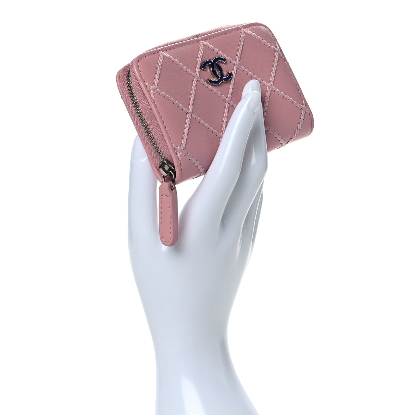 Lambskin Double Stitch Zip Coin Purse Pink