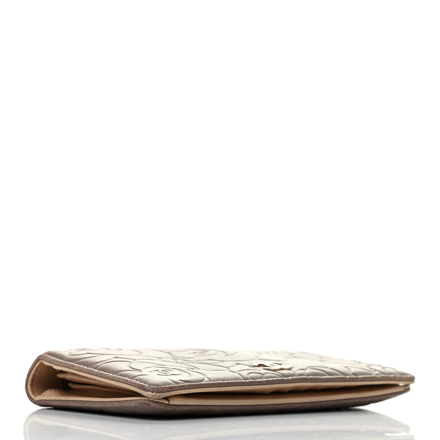 Chanel Lambskin Camellia Embossed Yen Wallet Beige 3 of 6