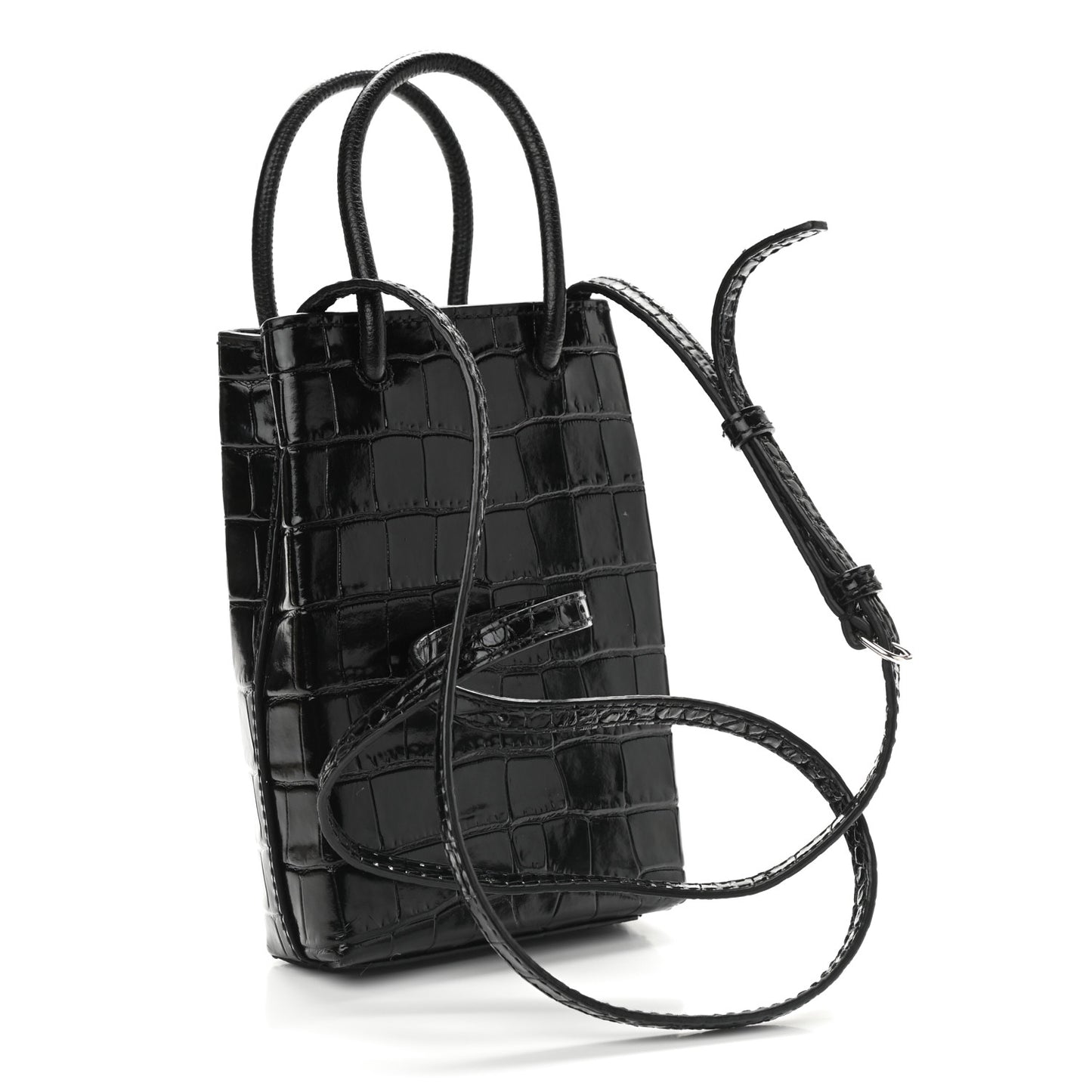 Calfskin Crocodile Embossed Logo Shopping Phone Holder Bag Black