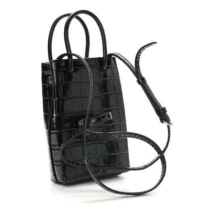 Balenciaga Calfskin Crocodile Embossed Logo Shopping Phone Holder Bag Black 3 of 9