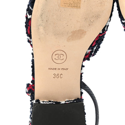 Chanel Tweed Grosgrain Cap Toe CC Slingback Flats 36 Navy Red White 6 of 10