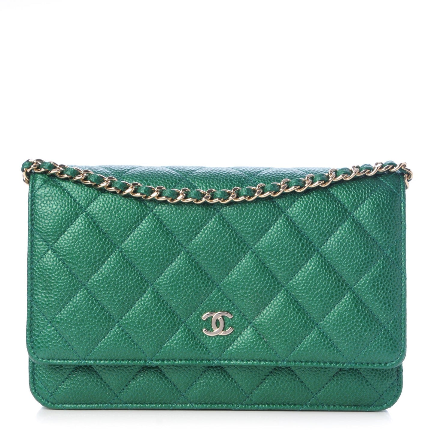 Metallic Caviar Quilted Wallet On Chain WOC Green