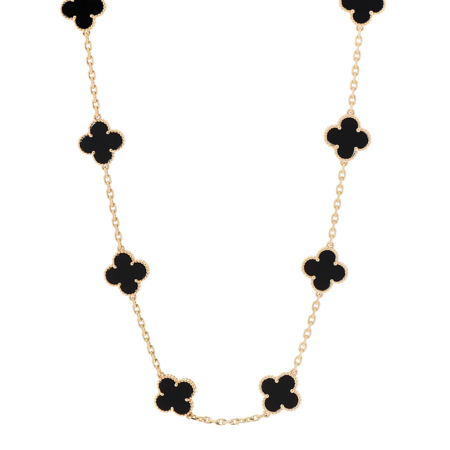 18K Yellow Gold Black Onyx 10 Motifs Vintage Alhambra Necklace