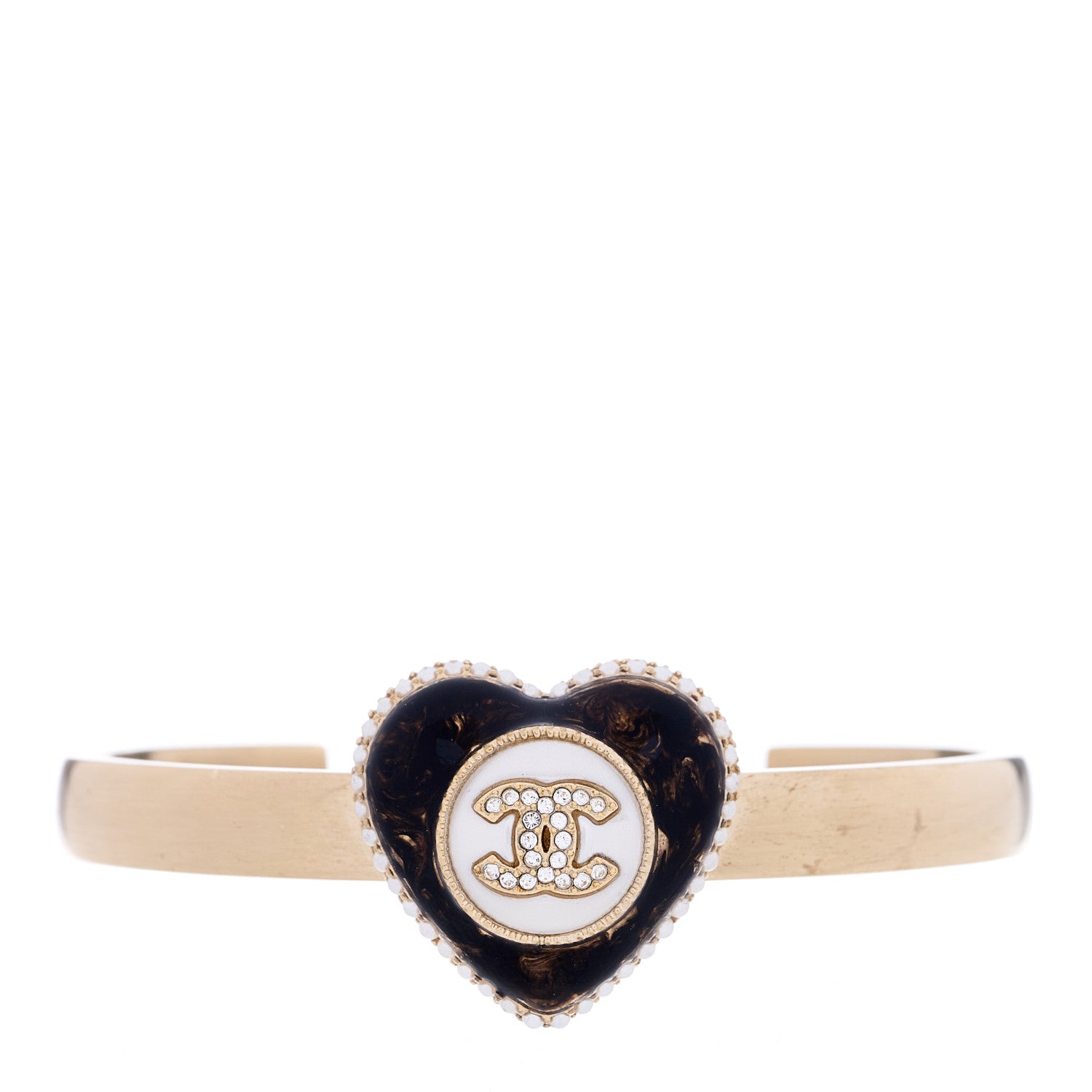 Chanel Resin Crystal Pearl Heart CC Cuff S Gold Black 1 of 3