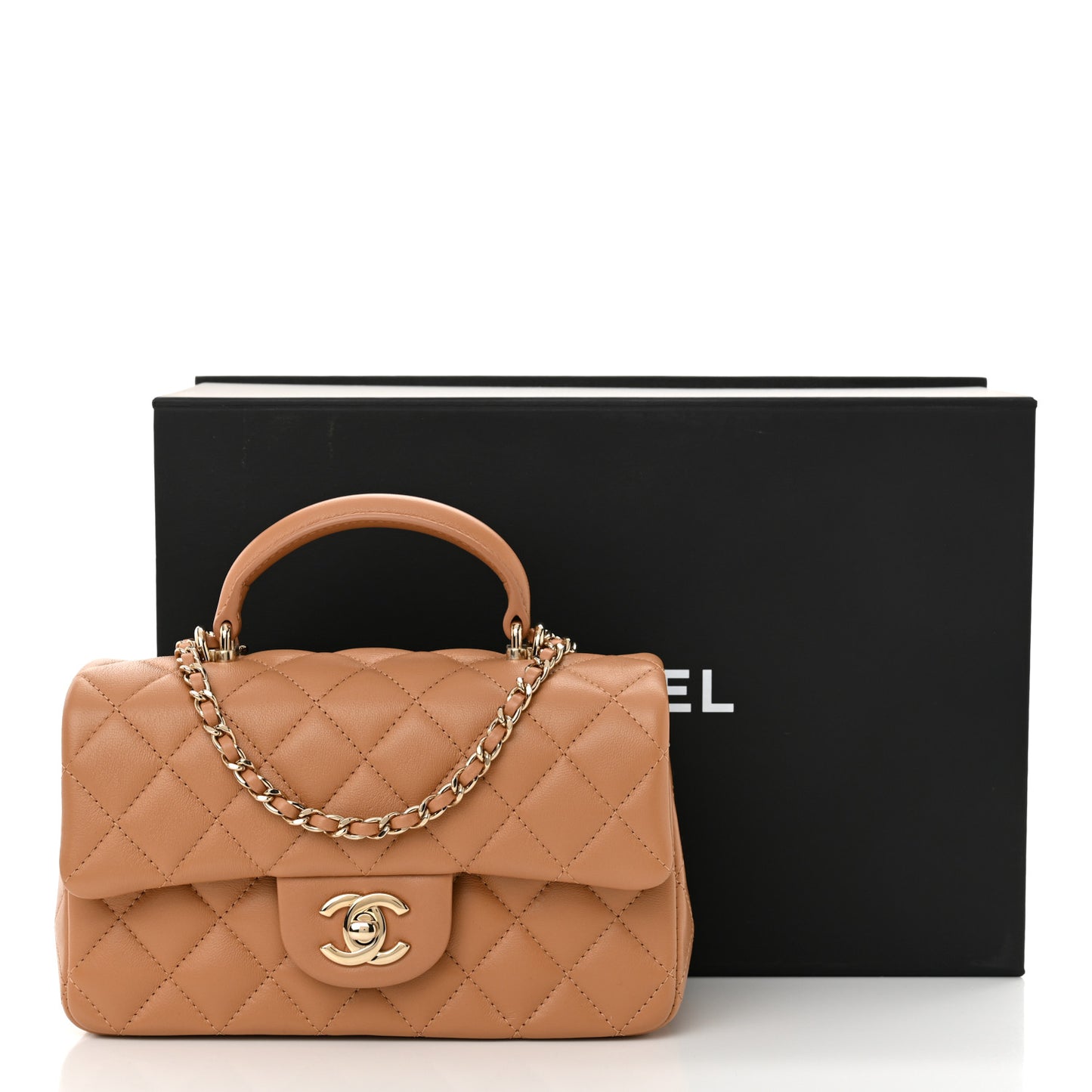 Lambskin Quilted Mini Top Handle Rectangular Flap Dark Beige