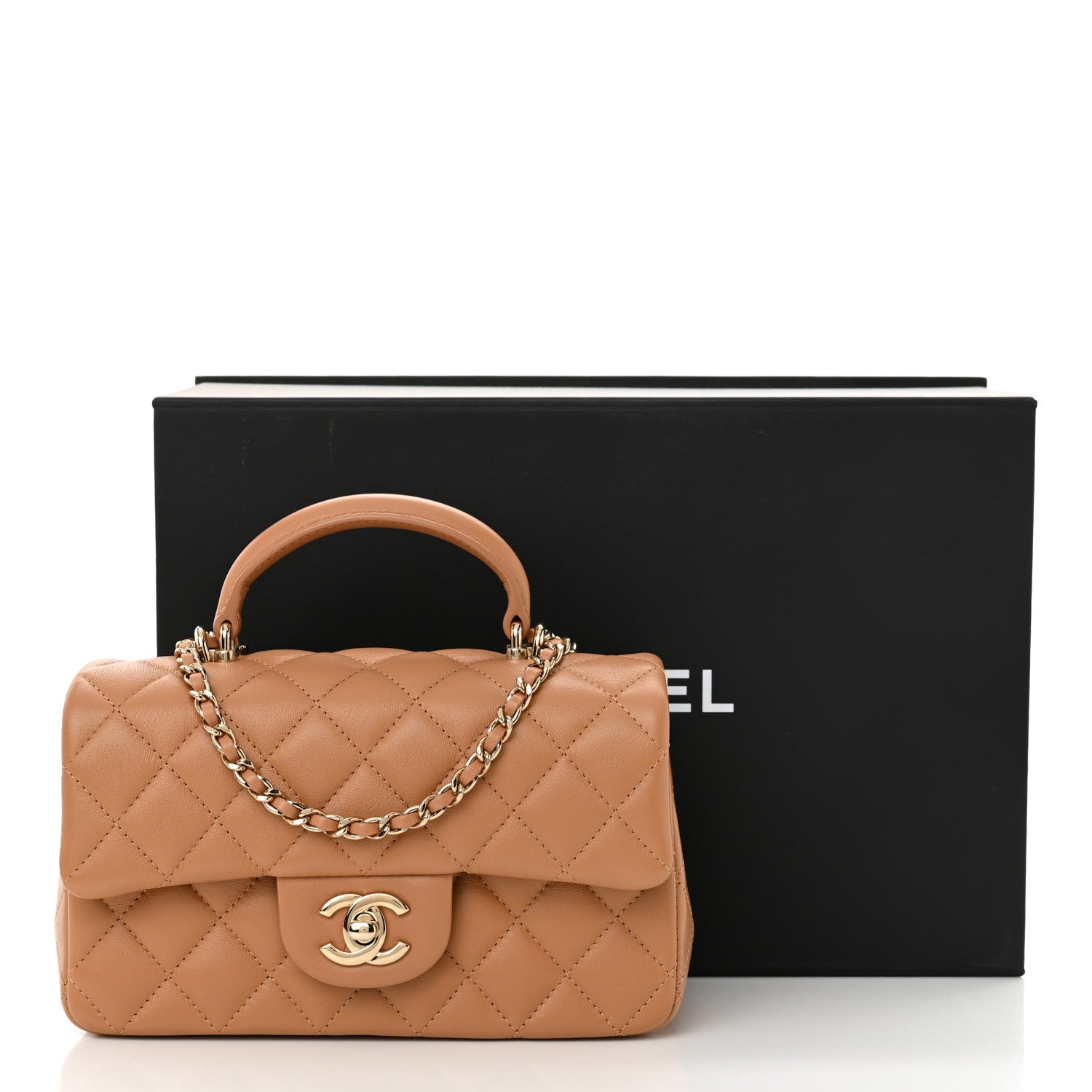 Chanel Lambskin Quilted Mini Top Handle Rectangular Flap Dark Beige 11 of 11