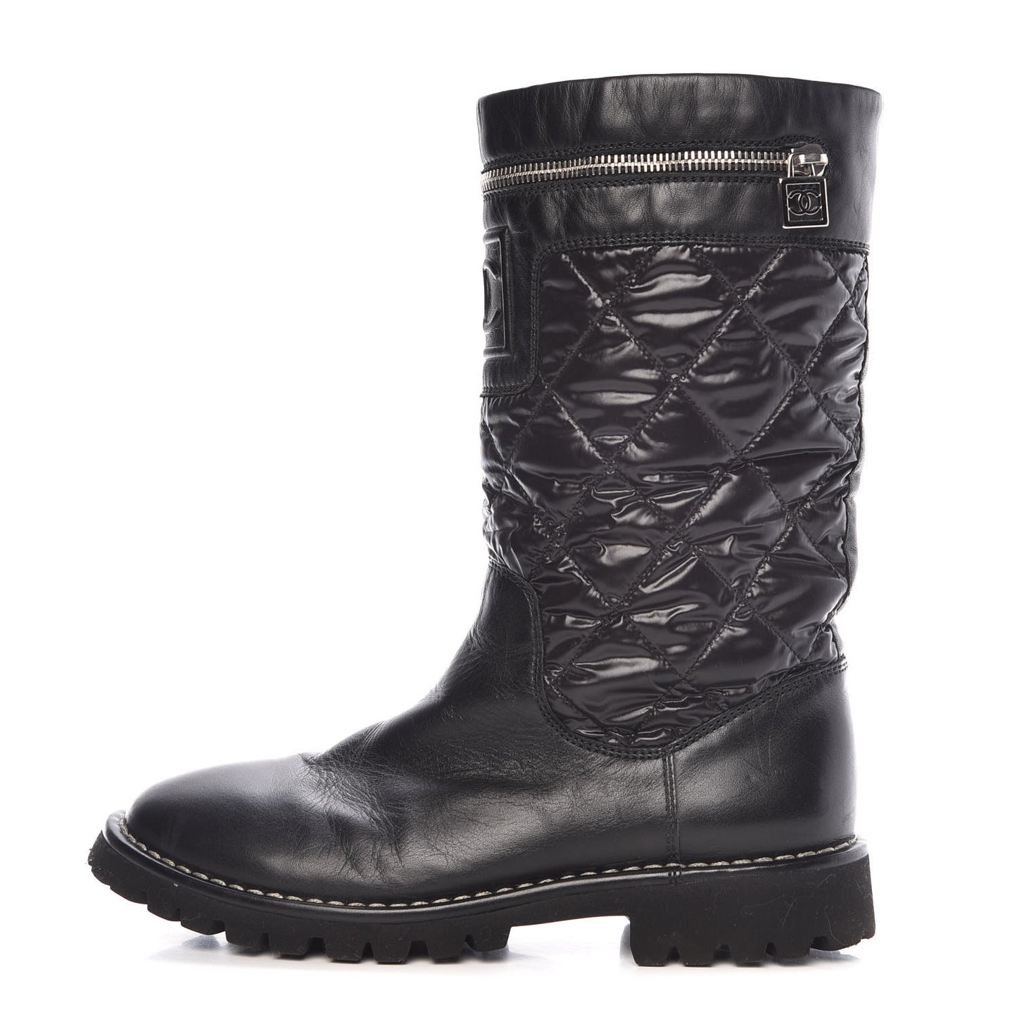 Calfskin Nylon Quilted Motorcycle Zip Boots 38.5 Black