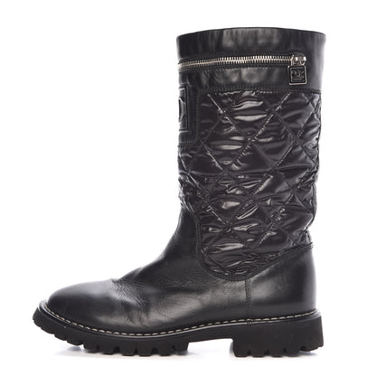 Chanel Calfskin Nylon Quilted Motorcycle Zip Boots 38.5 Black 1 of 11