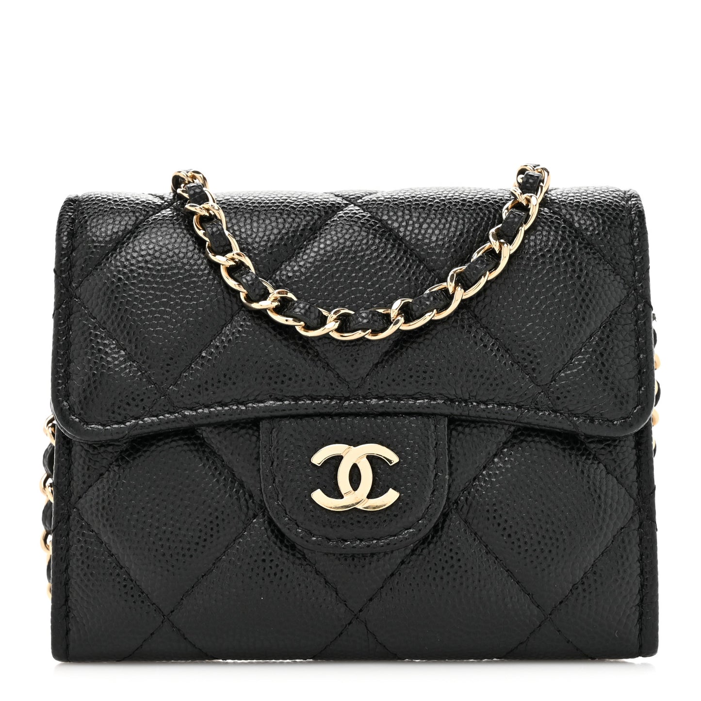 Caviar Quilted Flap Card Holder On Chain Black