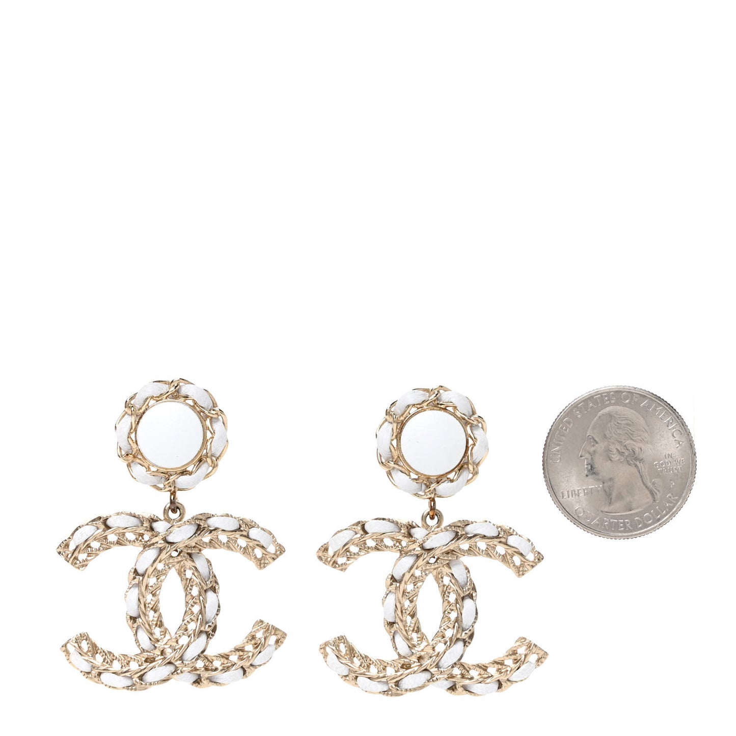 Lambskin Metal Chain CC Drop Earrings White Gold