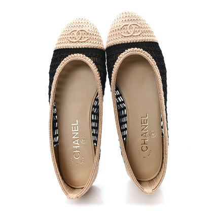 Chanel Raffia Cap Toe Ballerina Flats 37 Black Beige 2 of 9