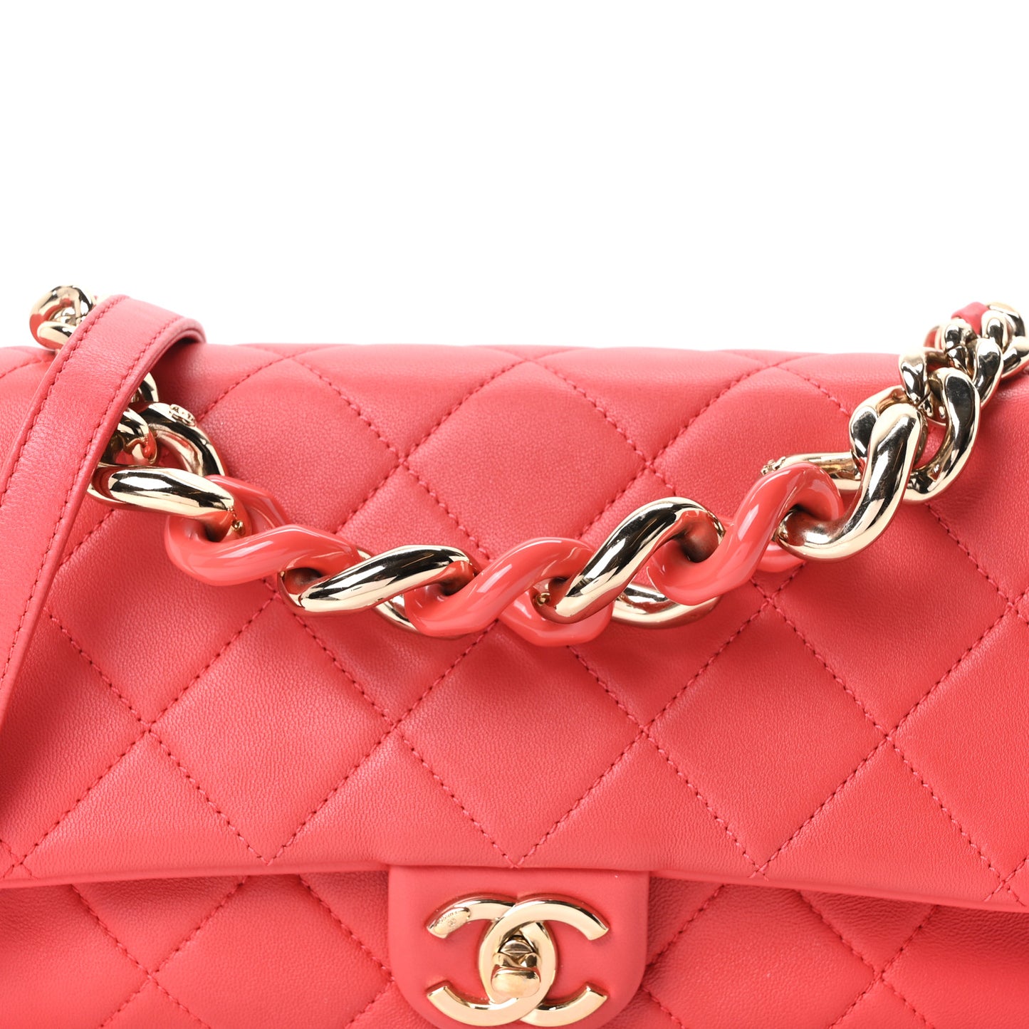 Lambskin Quilted Resin Bi-Color Chain Flap Bag Red