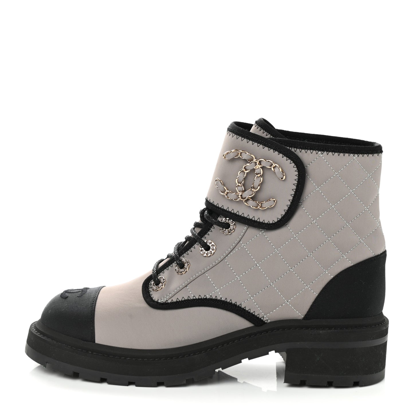 Fabric Grosgrain Lambskin Quilted Lace Up Combat Boot 40.5 Gray