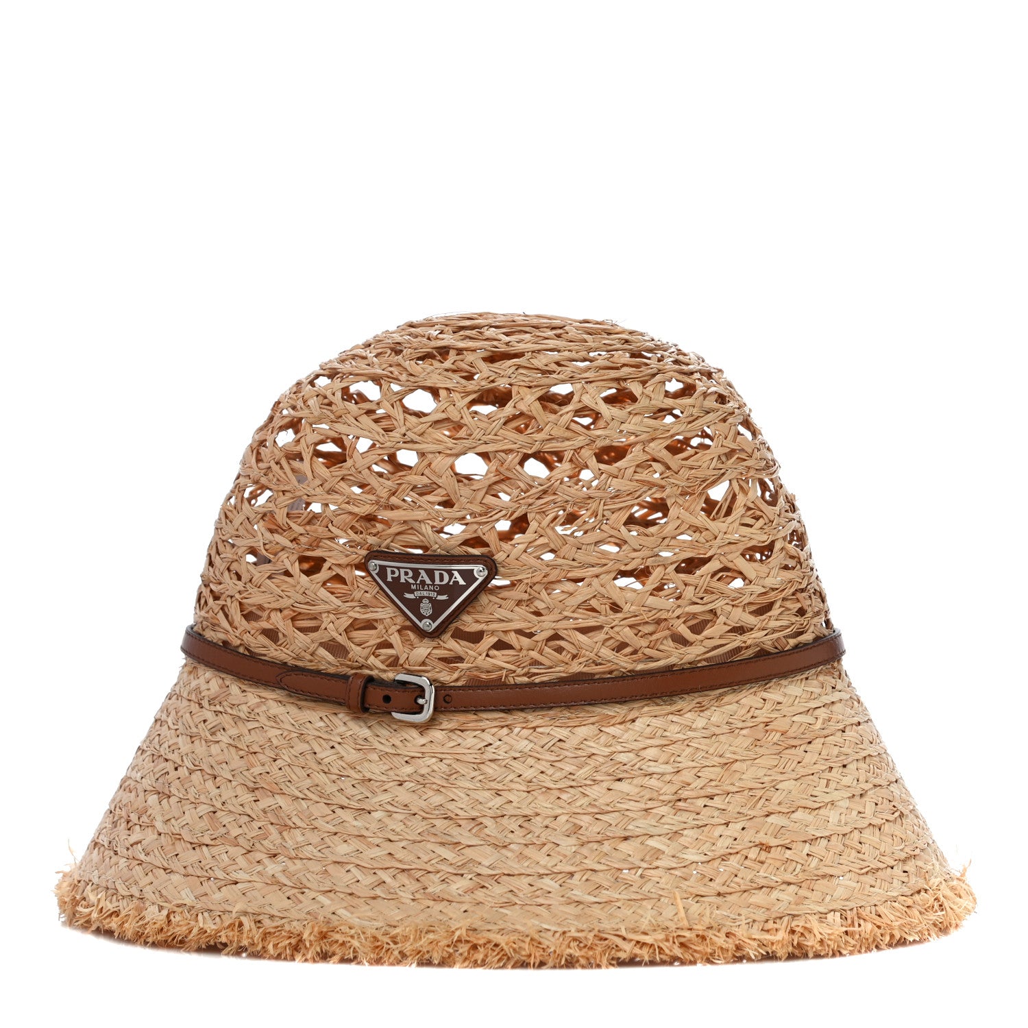 Prada Raffia Paglia Metal Triangle Logo Woven Womens Bucket Hat M Naturale Cognac 2 of 7