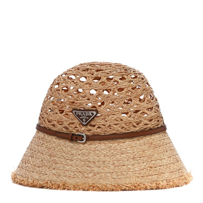 Prada Raffia Paglia Metal Triangle Logo Woven Womens Bucket Hat M Naturale Cognac 2 of 7