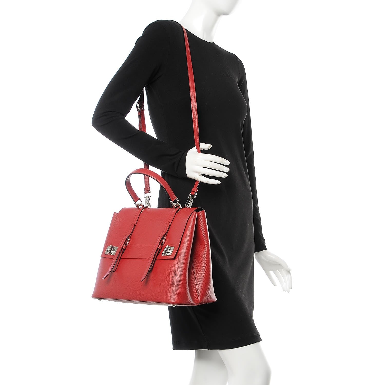 Prada Saffiano Cuir Convertible Top Handle Tote Fuoco 2 of 12