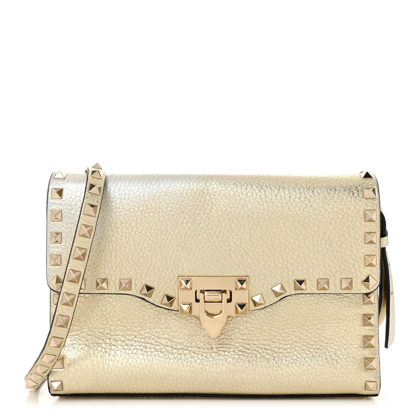Metallic Pebbled Calfskin Medium Rockstud Flip Lock Crossbody Bag Platino