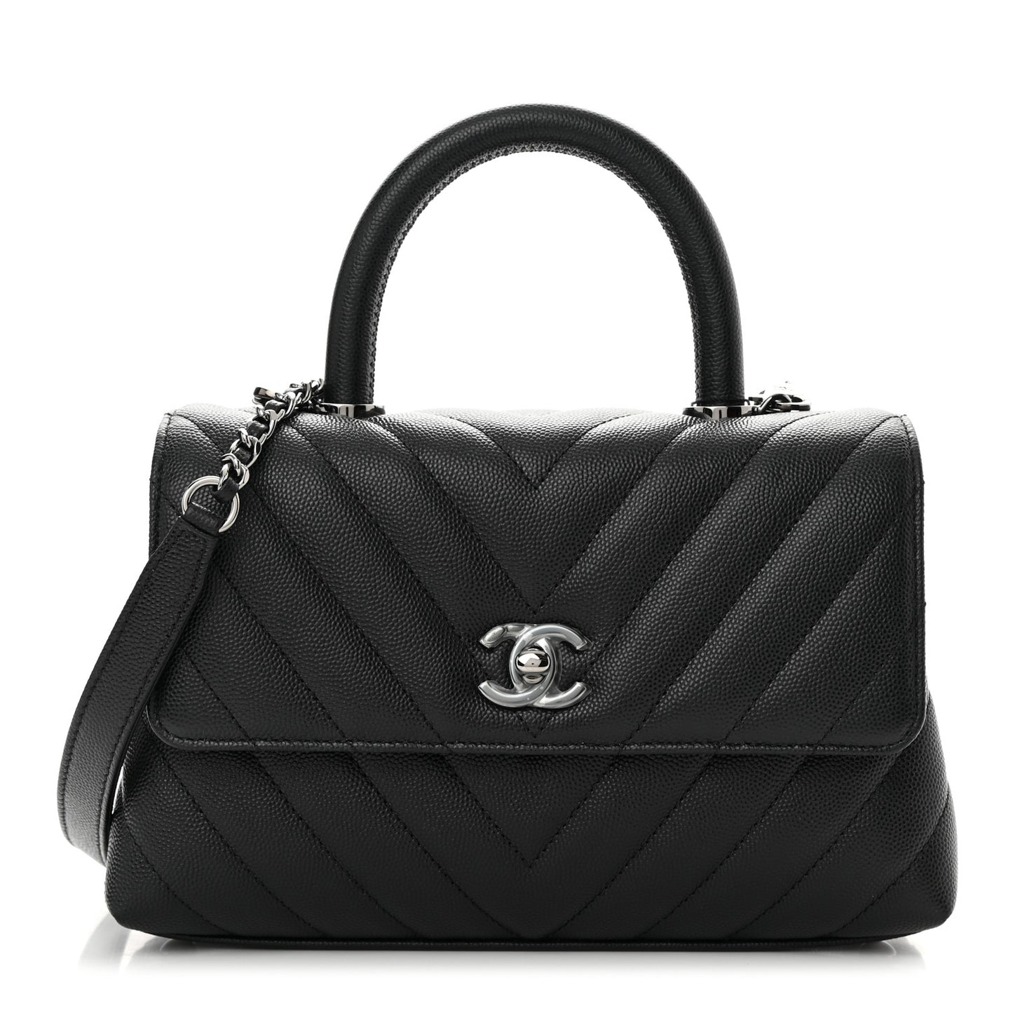 Caviar Chevron Quilted Mini Coco Handle Flap Black