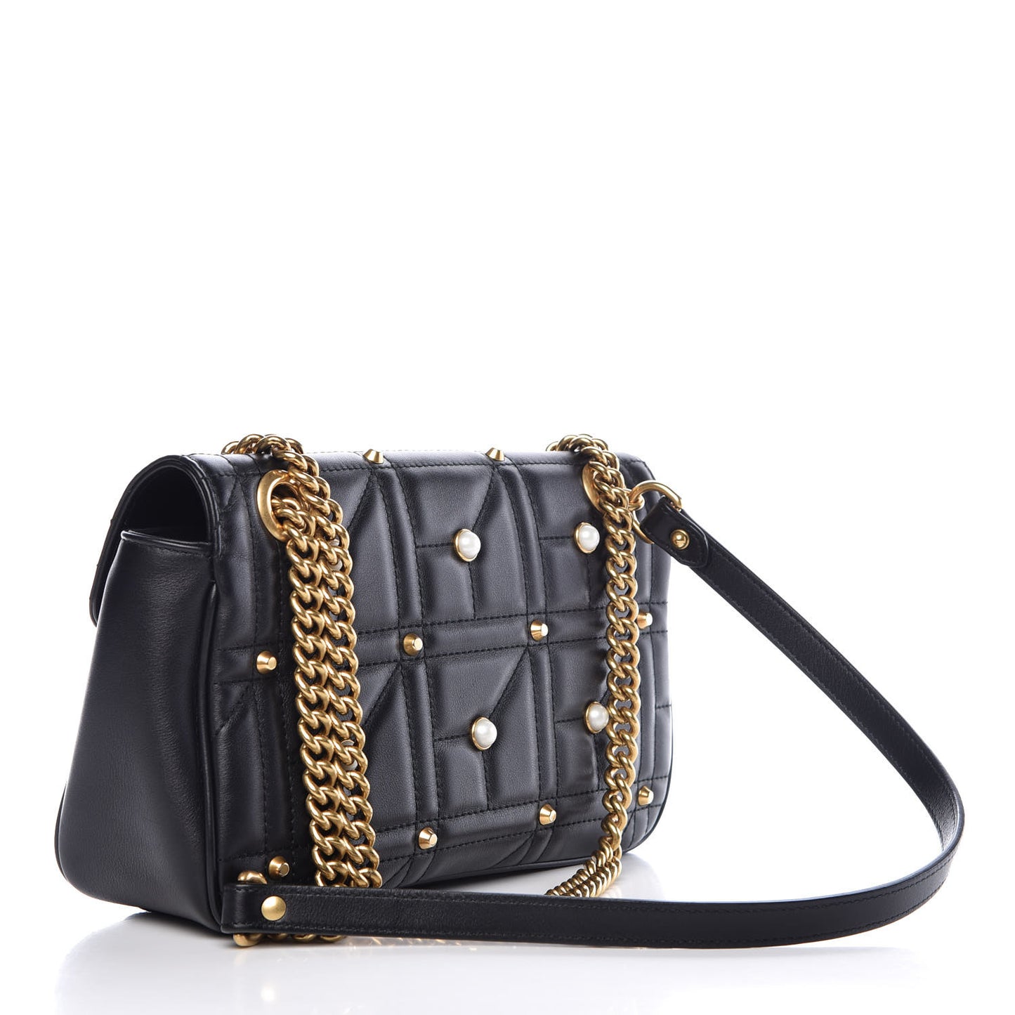 Calfskin Matelasse Studded Small Pearly GG Marmont Shoulder Bag Black