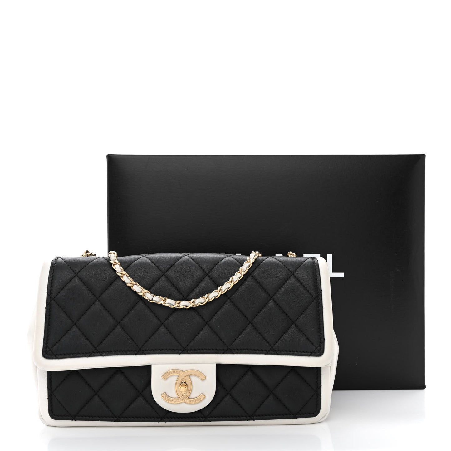 Calfskin Quilted Medium Graphic Flap Black White