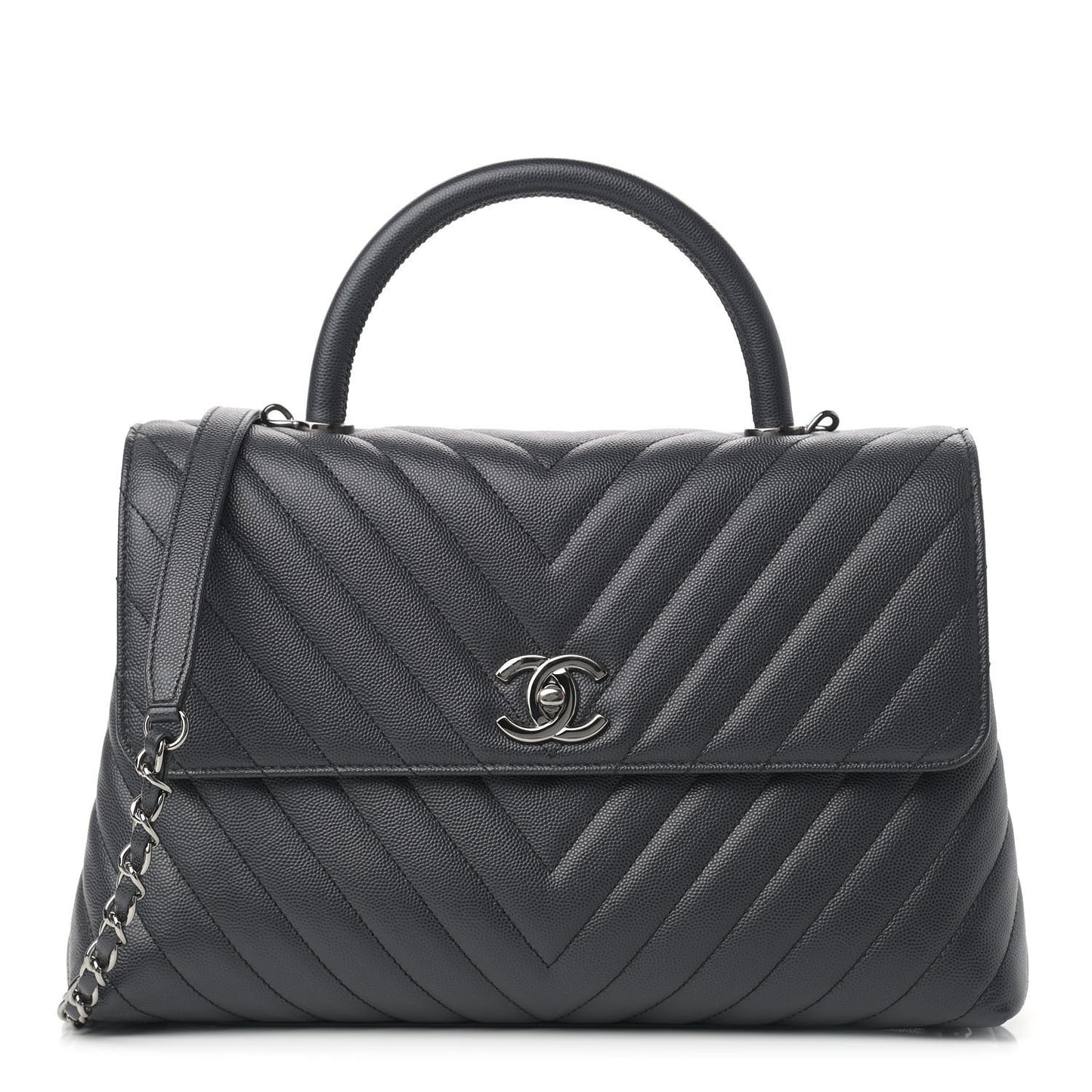 Caviar Chevron Quilted Medium Coco Handle Flap Dark Grey