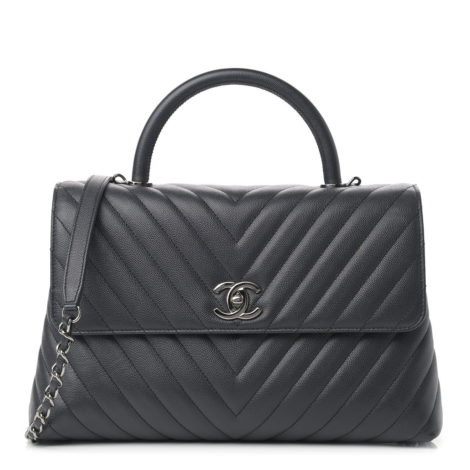Chanel Caviar Chevron Quilted Medium Coco Handle Flap Dark Grey 1 of 15