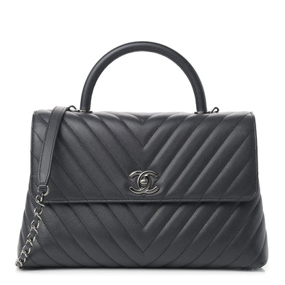 Chanel Caviar Chevron Quilted Medium Coco Handle Flap Dark Grey 1 of 15
