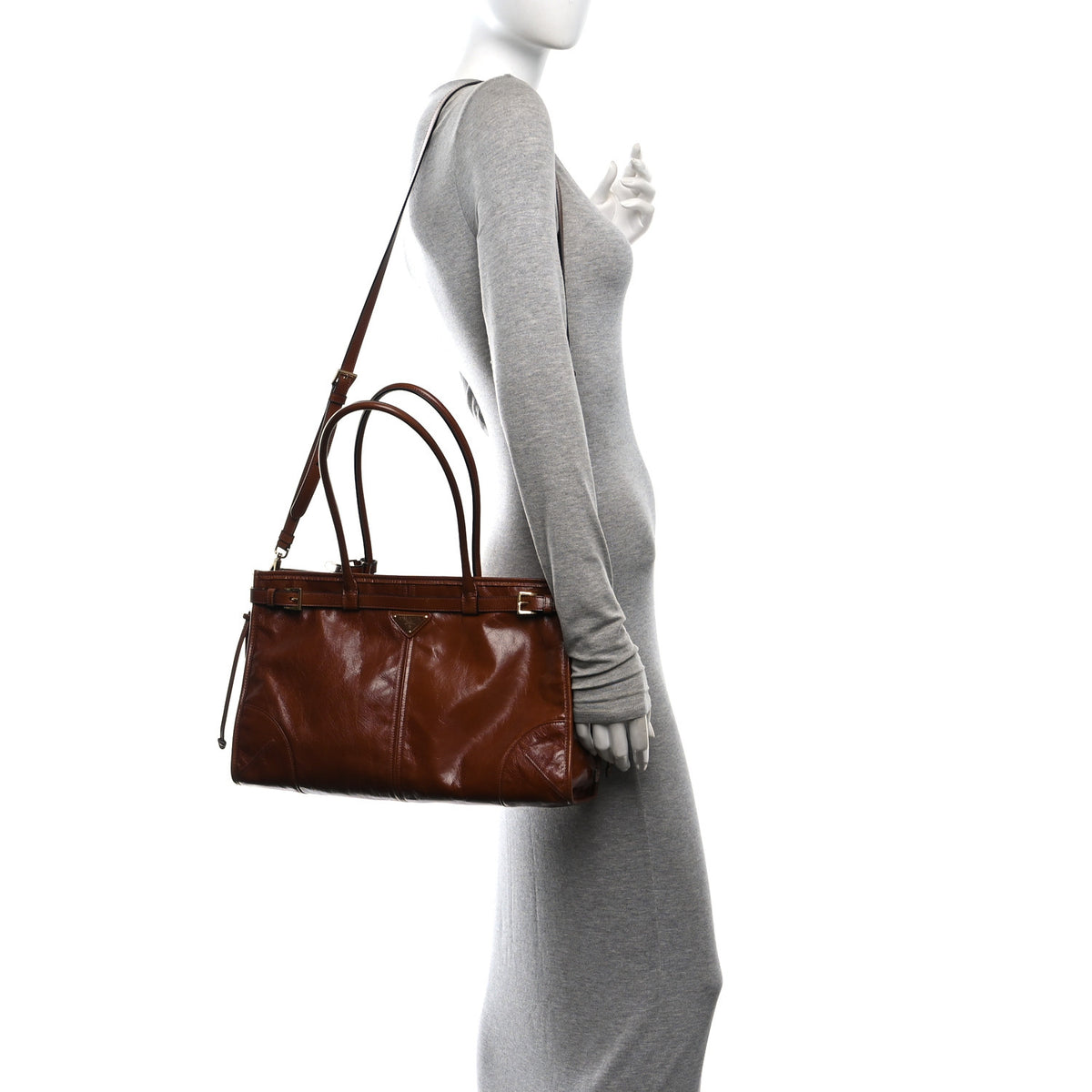 Prada Glossy Calfskin Triangle Large Bonnie Shoulder Bag Palissandro 2 of 10