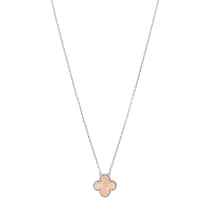 Van Cleef & Arpels 18K White Rose Gold Diamond Guilloche Vintage Alhambra Pendant Necklace 1 of 5
