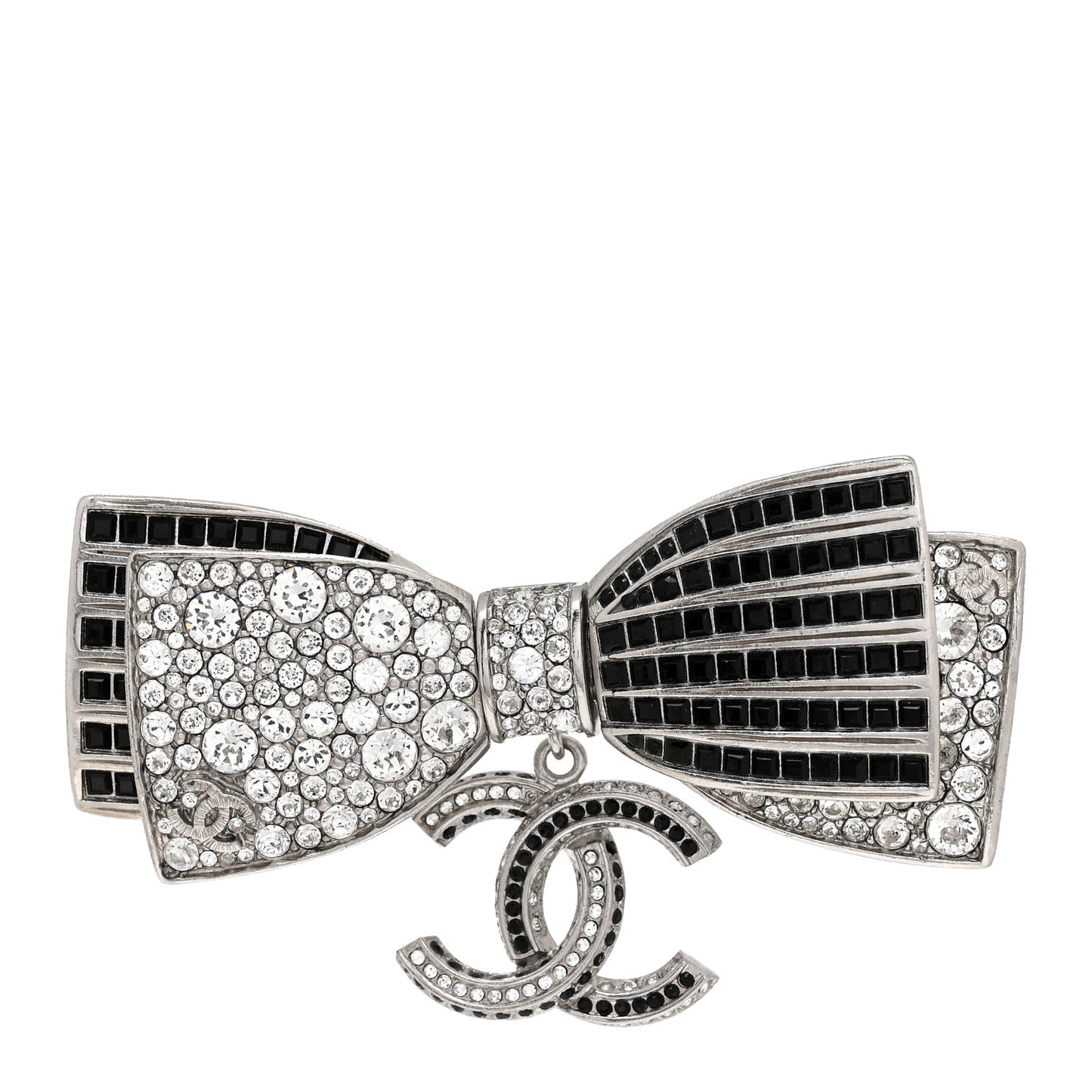 Crystal CC Bow Brooch Silver Black