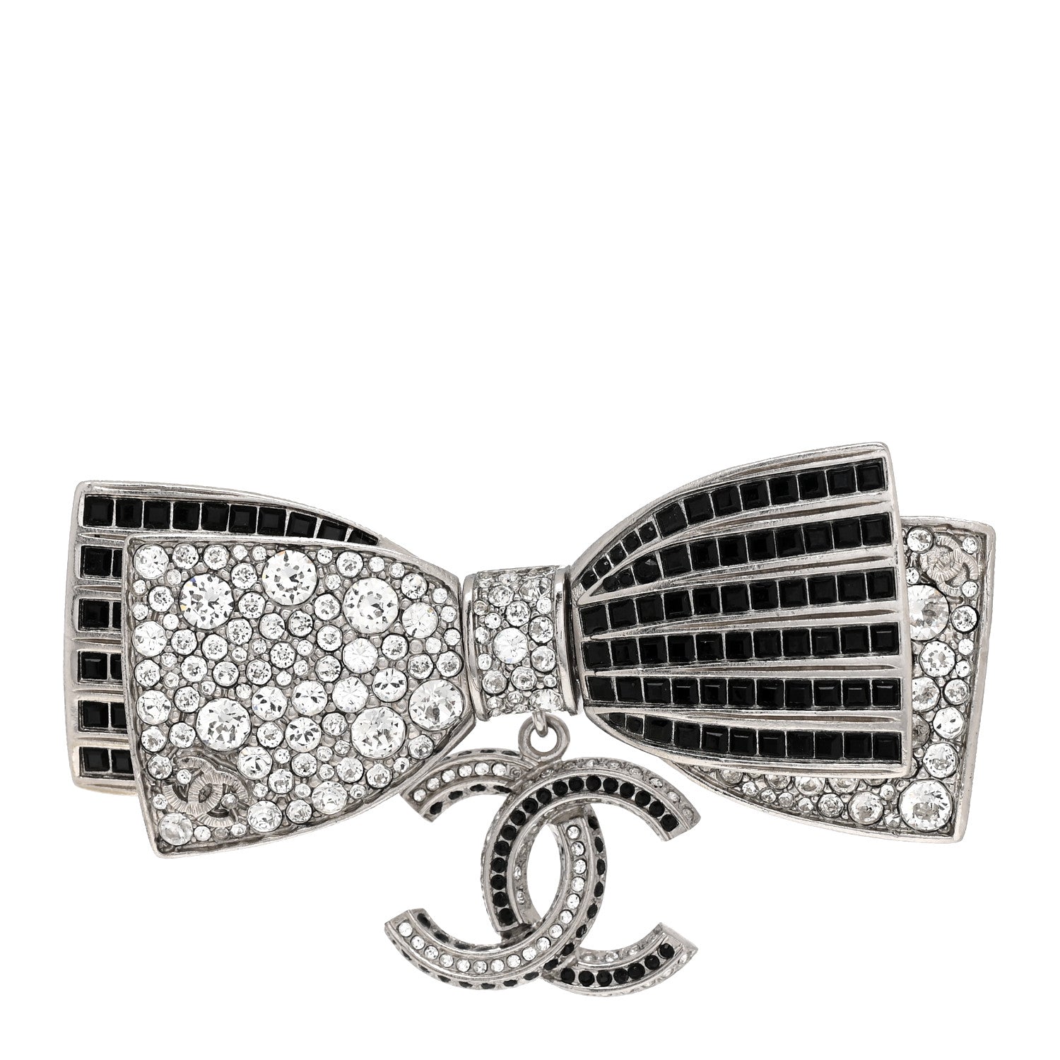 Chanel Crystal CC Bow Brooch Silver Black 1 of 4