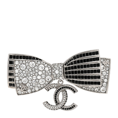Chanel Crystal CC Bow Brooch Silver Black 1 of 4