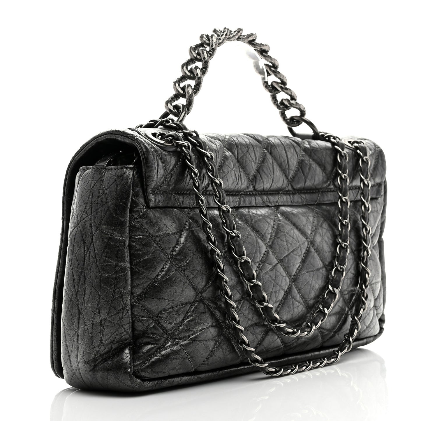 Aged Calfskin Quilted Medium Pondichery Flap Dark Grey