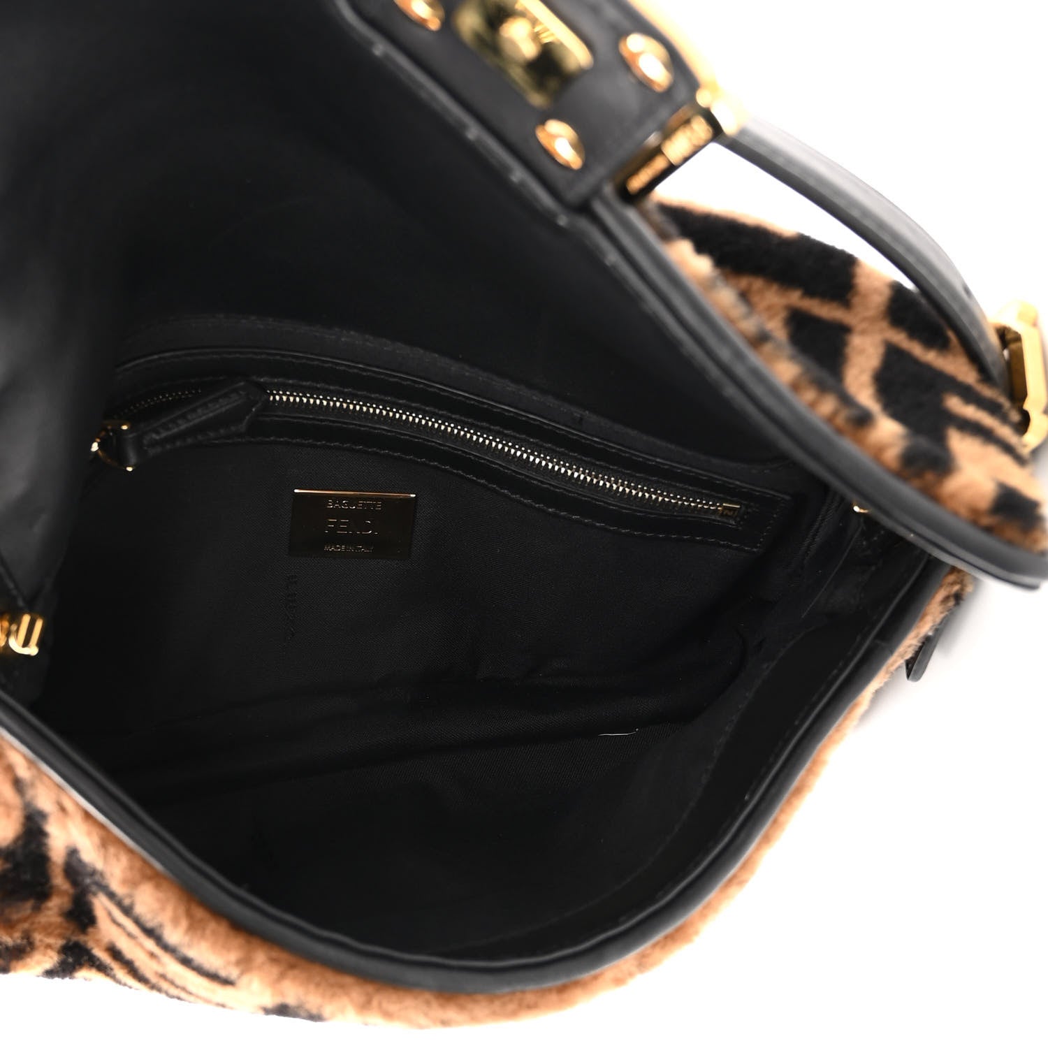 Fendi Shearling Vitello Dolce Macro FF 1974 Baguette Tobacco Black 5 of 10