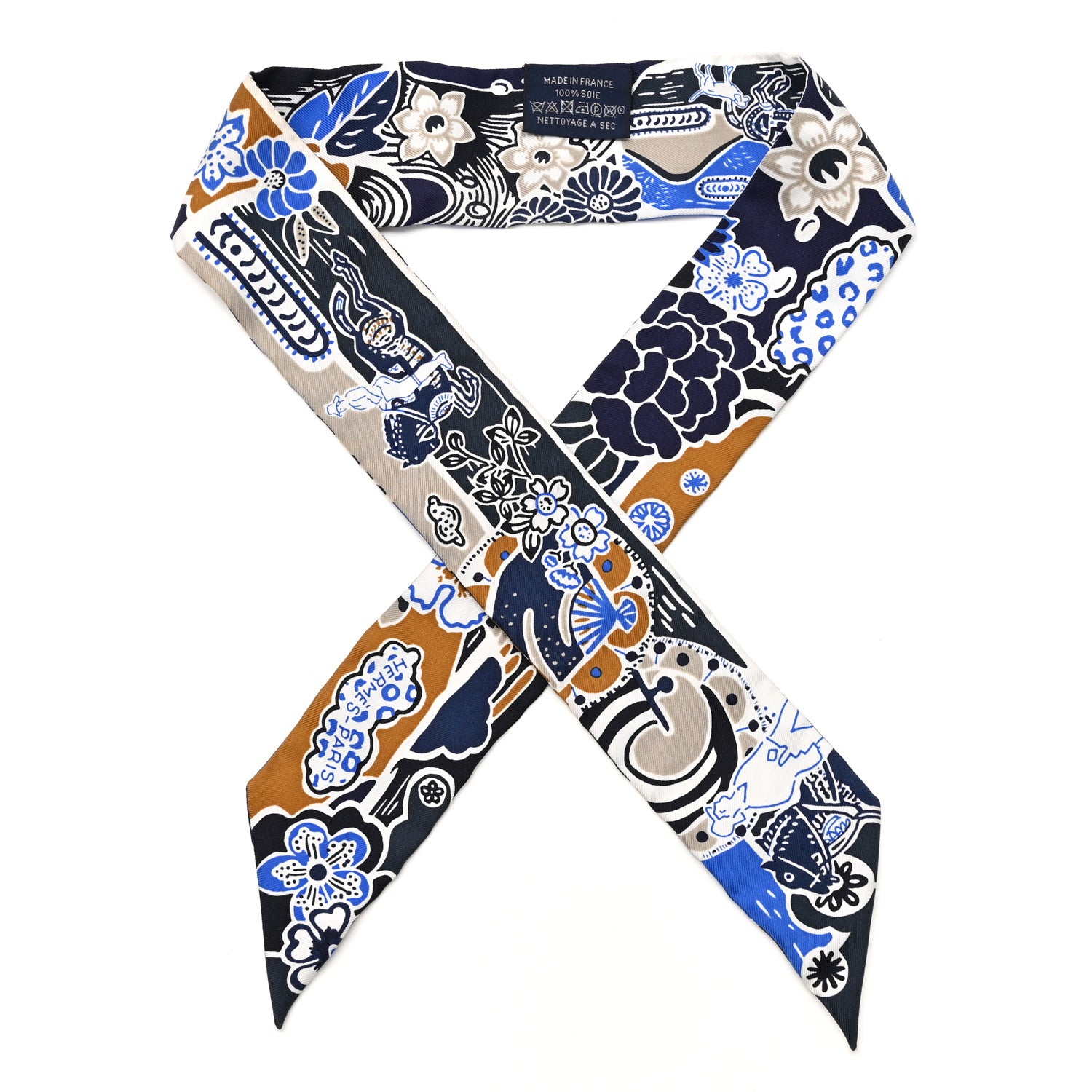Hermes Silk Bingata Sticker Twilly Bleu Vif Marine Tabac Blanc 1 of 6